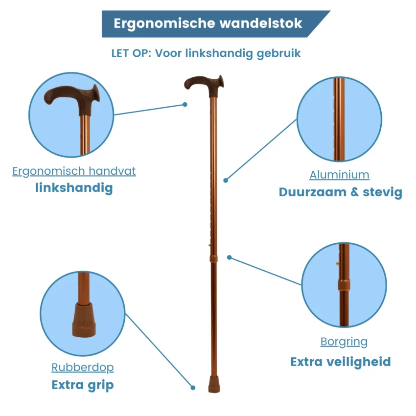 Höhenverstellbarer Gehstock, ergonomischer Relax-Griff, bronzefarben, für Linkshänder, ups