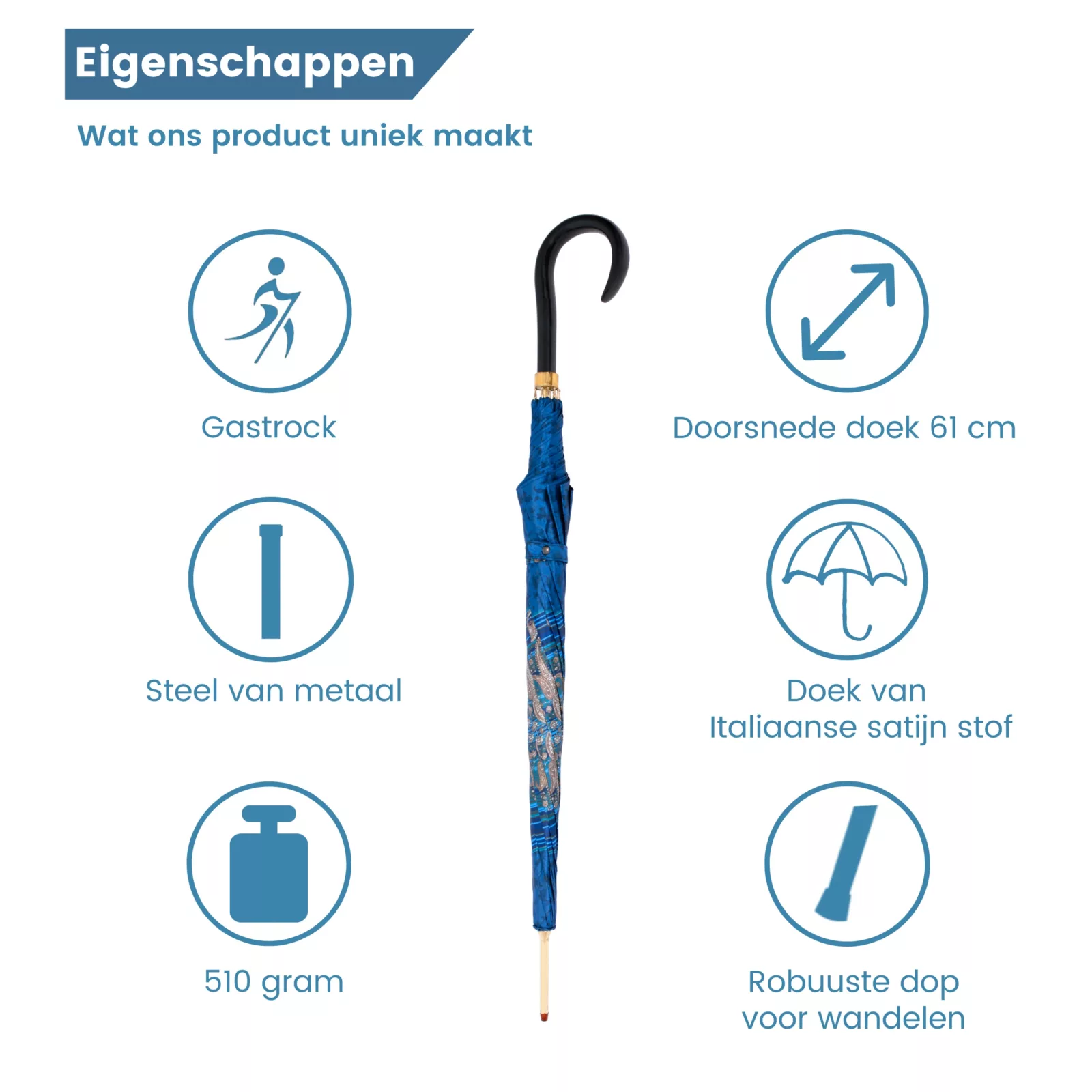 Regenschirm aus italienischem Satinstoff, blau – Eigenschaften