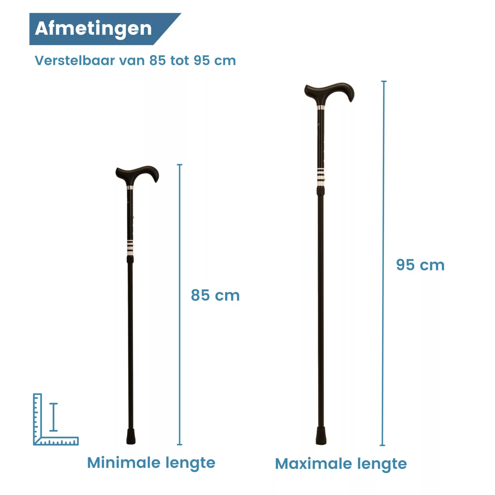 Maße des Höhenverstellbaren Gehstocks mit schwarzem Ring
