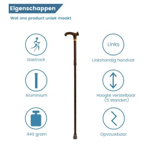 Ergonomischer Gehstock faltbar, Relax-Griff, für Linkshänder, Eigenschaften