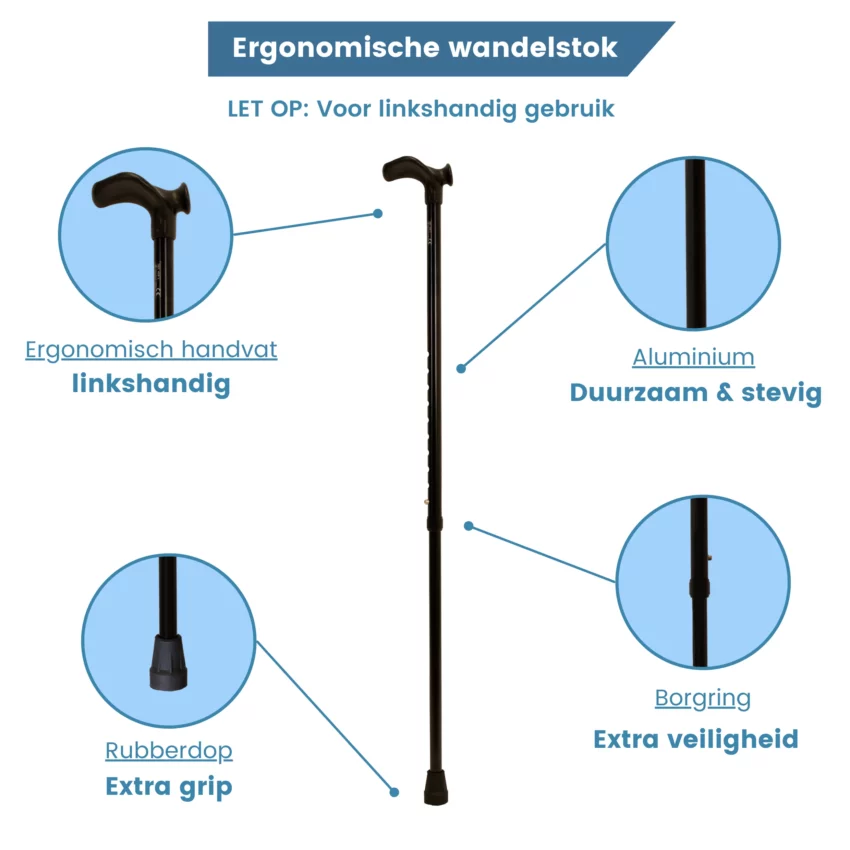 Ergonomischer Gehstock mit Relax-Griff für Linkshänder in Schwarz, für Rechtshänder