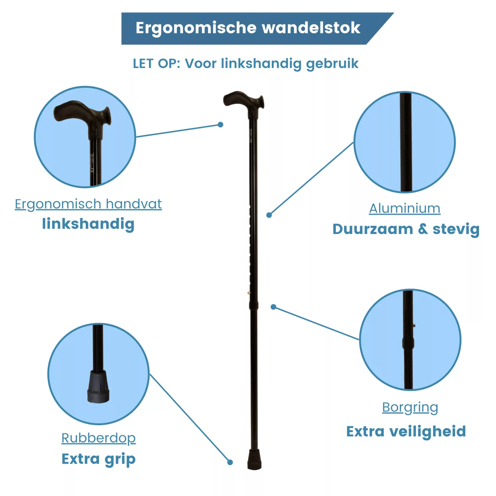 Ergonomischer Gehstock mit Relax-Griff für Linkshänder in Schwarz, für Rechtshänder