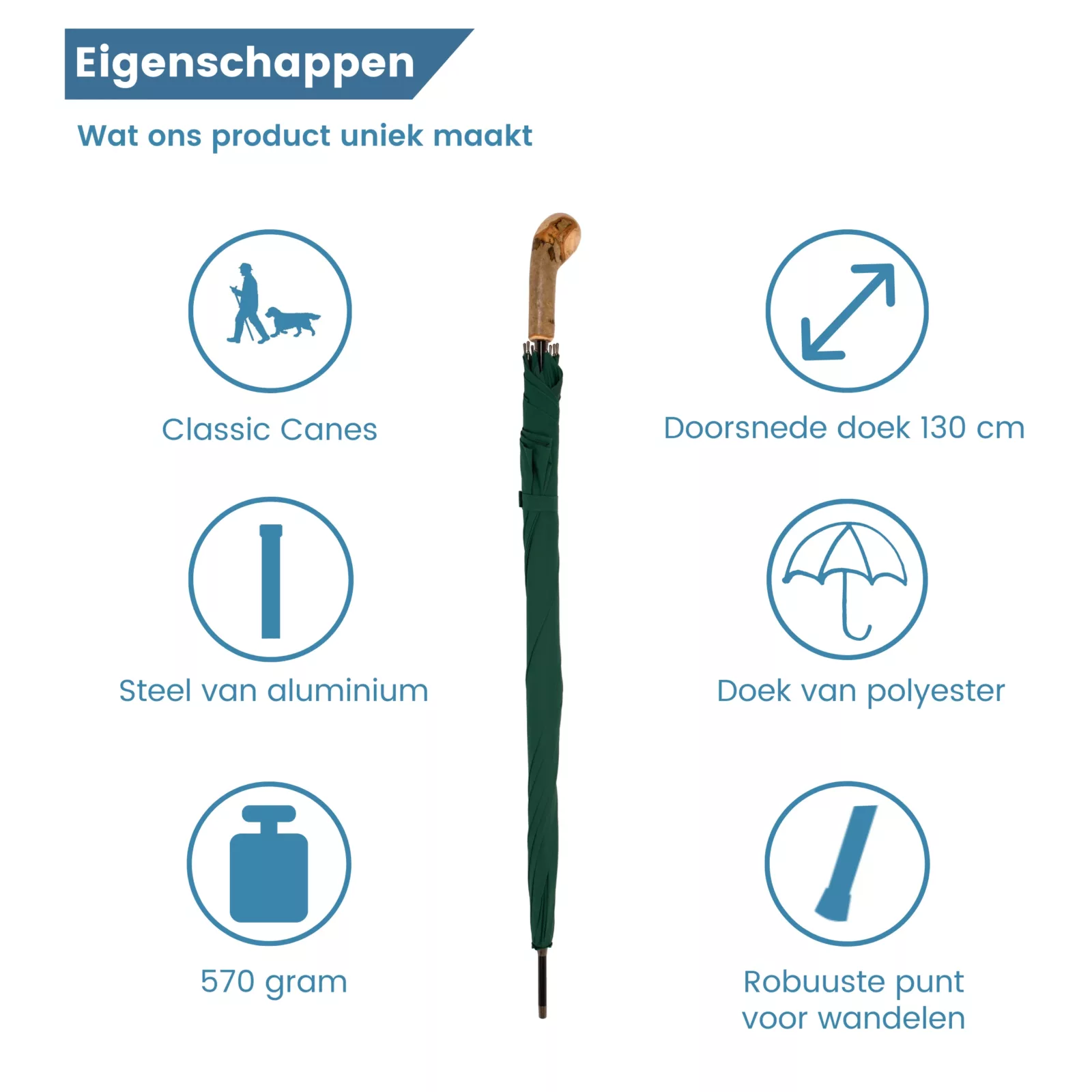 Golfschirm Elite, rustikaler Knopfgriff, grün – Eigenschaften