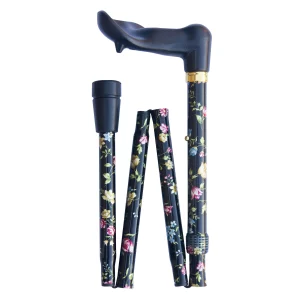 Faltbarer Gehstock mit ergonomischem Griff, schwarz mit Blumenmuster, für Linkshänder