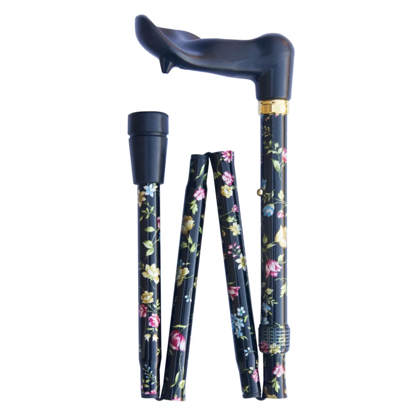 Faltbarer Gehstock mit ergonomischem Griff, schwarz mit Blumenmuster, für Linkshänder