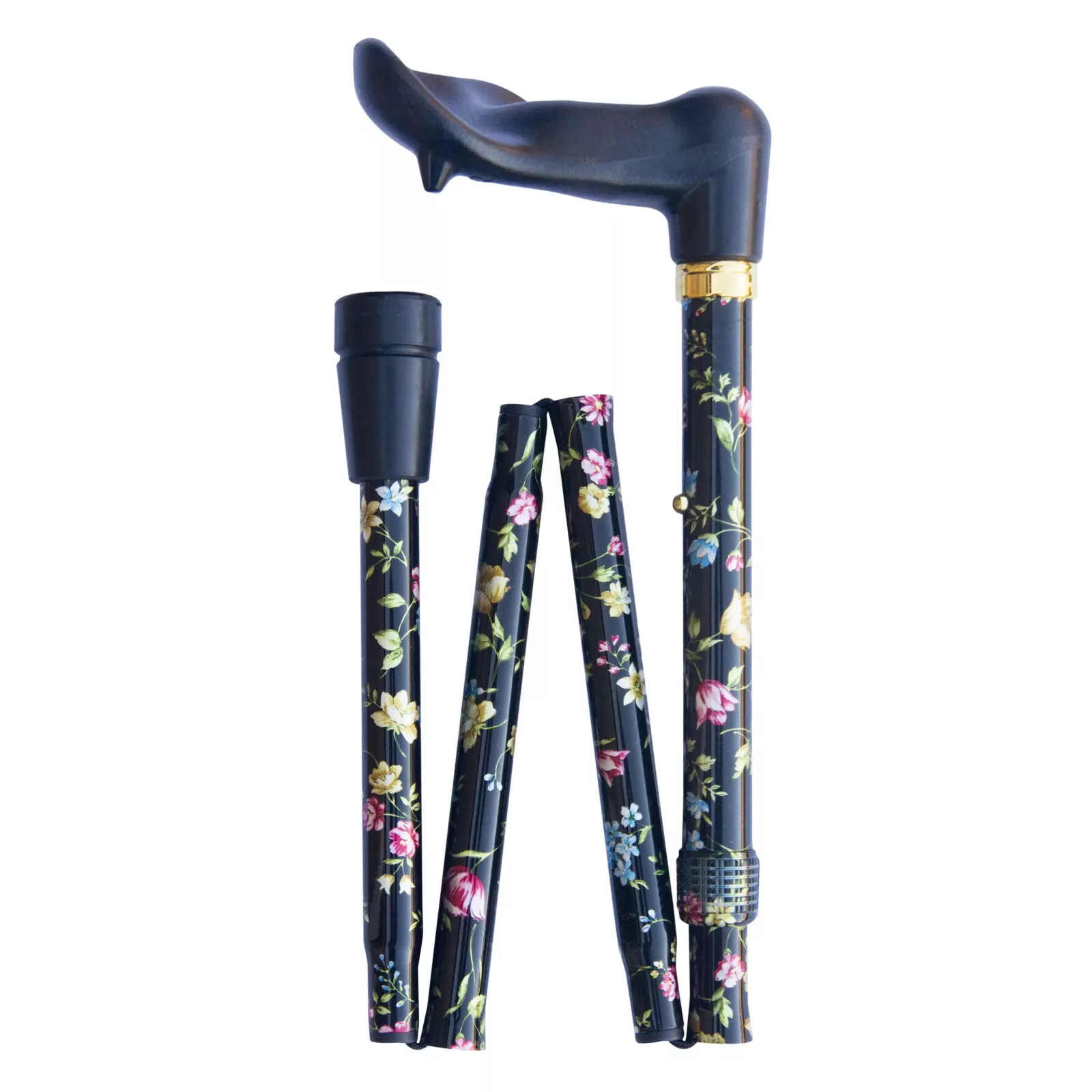 Faltbarer Gehstock mit ergonomischem Griff, schwarz mit Blumenmuster, für Linkshänder