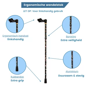 Faltbarer Gehstock, ergonomisch, schwarz, Blumenmuster, linker Griff, USP