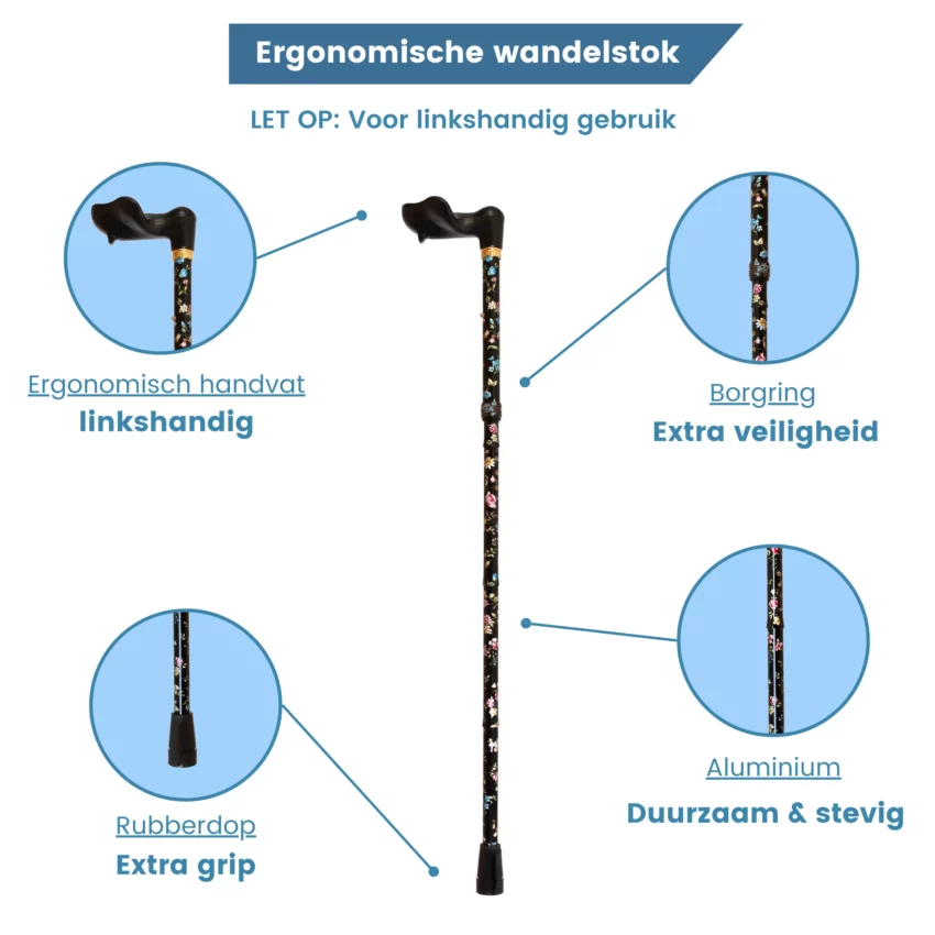 Faltbarer Gehstock, ergonomisch, schwarz, Blumenmuster, linker Griff, USP