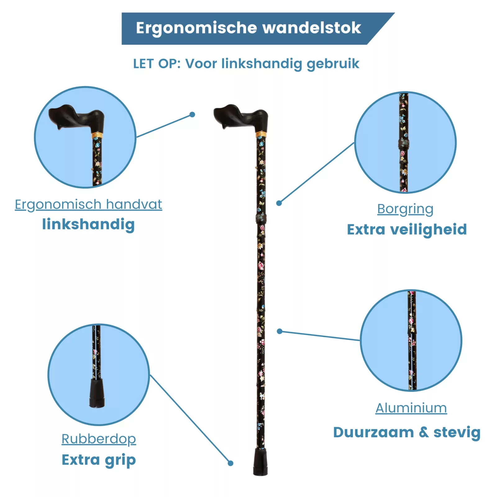 Faltbarer Gehstock, ergonomisch, schwarz, Blumenmuster, linker Griff, USP