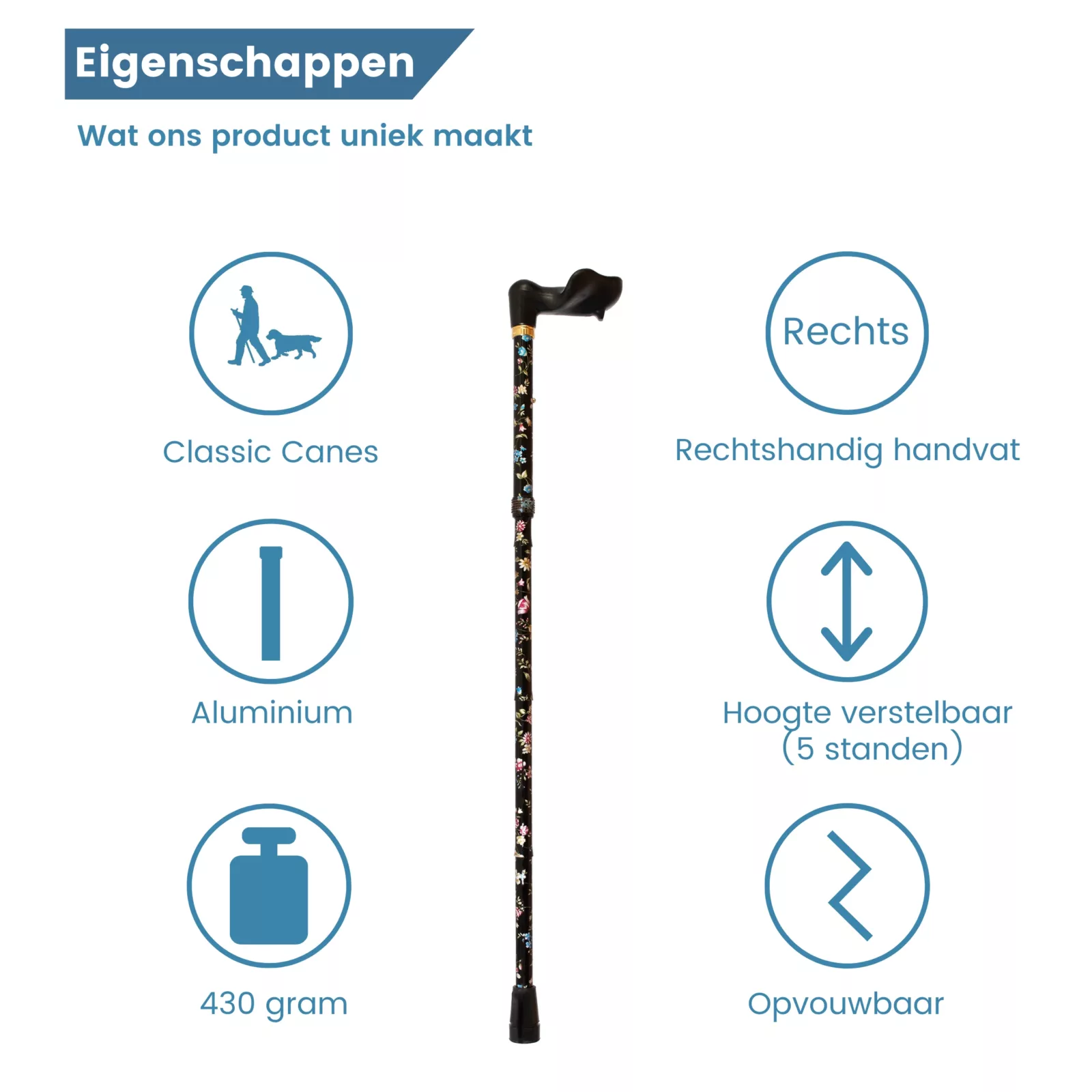 Faltbarer Gehstock, ergonomisch, schwarz, Blumenmuster rechts – Eigenschaften