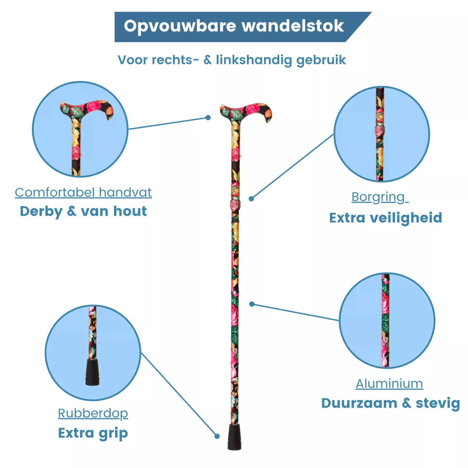 Faltbarer Gehstock mit Blumen, schwarz