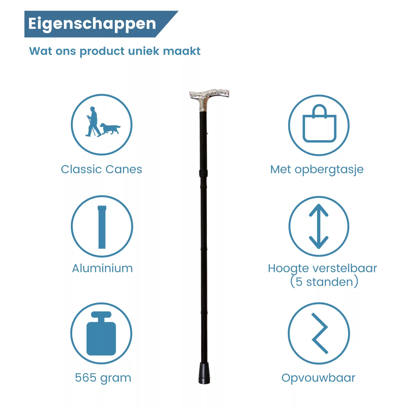 Faltbarer Gehstock mit verchromtem Griff – Eigenschaften