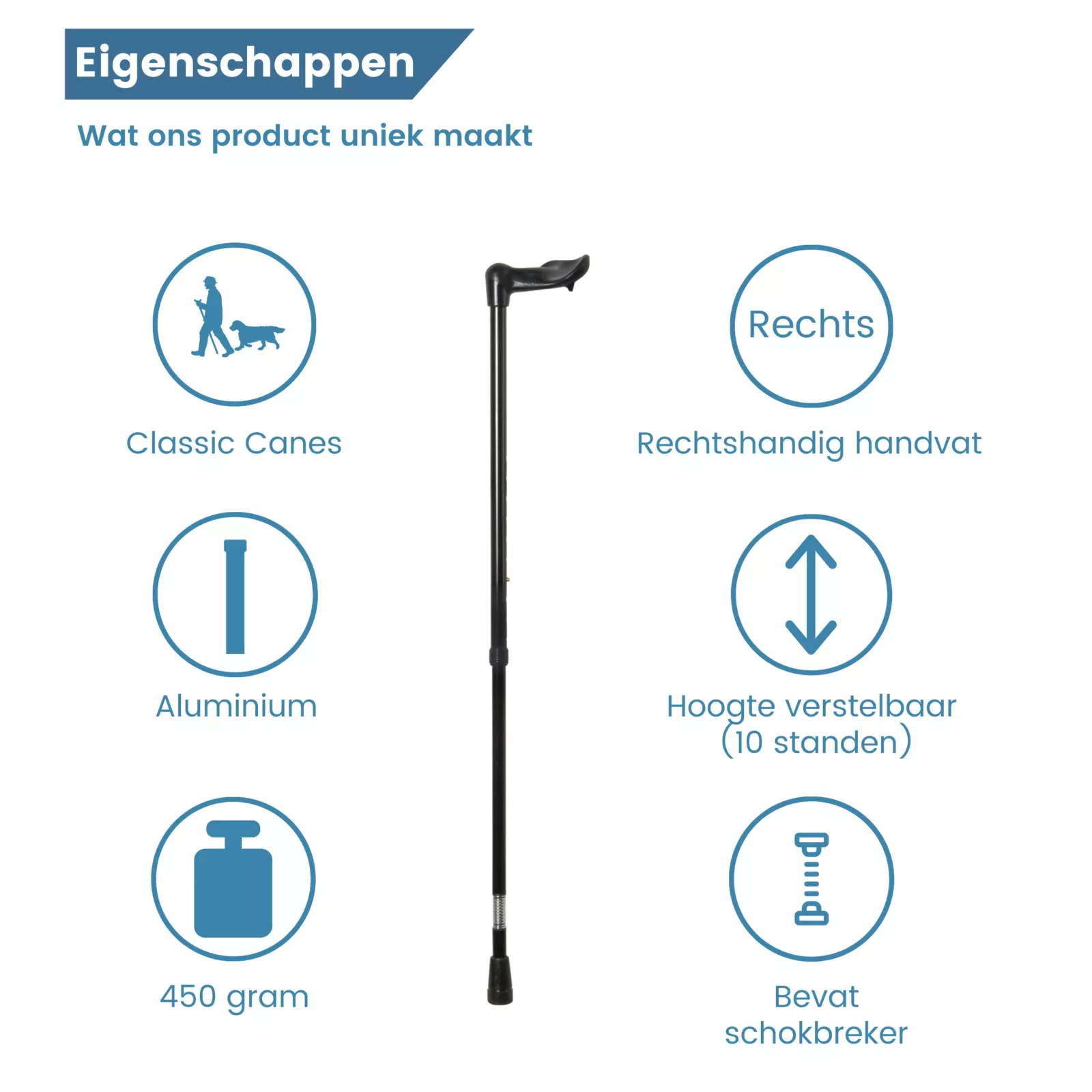Eigenschaften des anatomisch geformten, rechtshändigen Wanderstocks