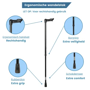 Ergonomischer Höhenverstellbarer Gehstock, schwarz, mit Stoßdämpfer und Griff auf der rechten Seite