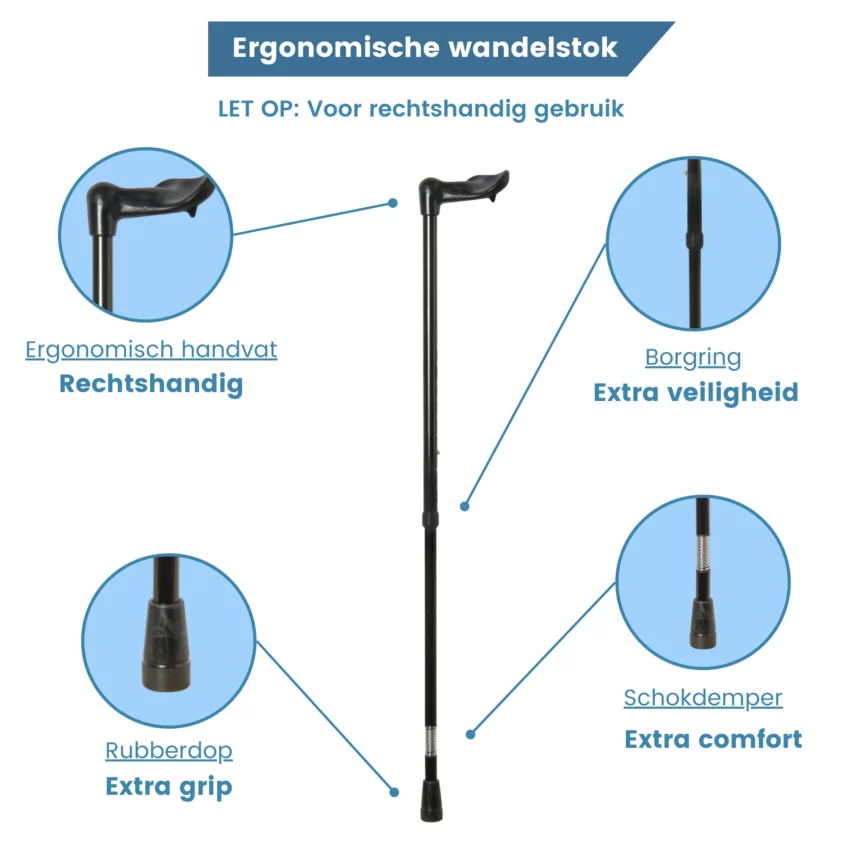 Ergonomischer Höhenverstellbarer Gehstock, schwarz, mit Stoßdämpfer und Griff auf der rechten Seite