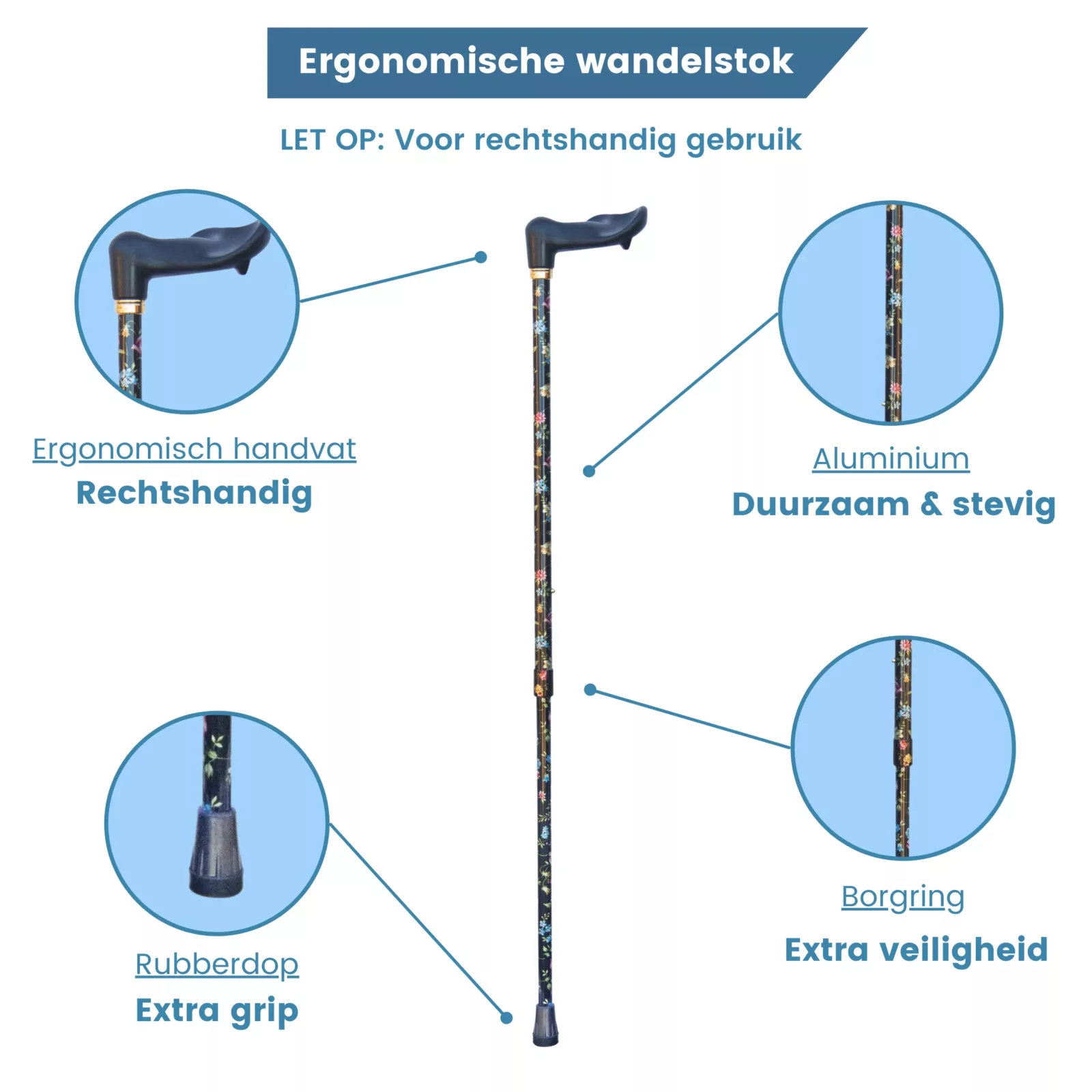 Ergonomischer Gehstock in Schwarz mit Blumenmuster und Griff auf der rechten Seite