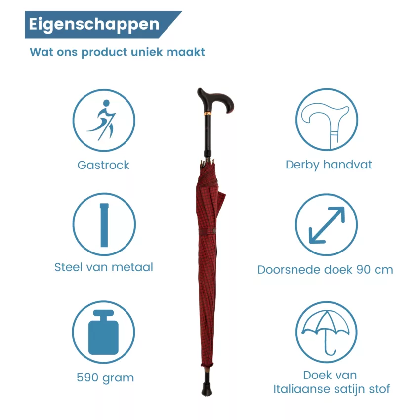 Eigenschaften des Höhenverstellbaren Gehstocks mit Regenschirm: italienischer Satinstoff