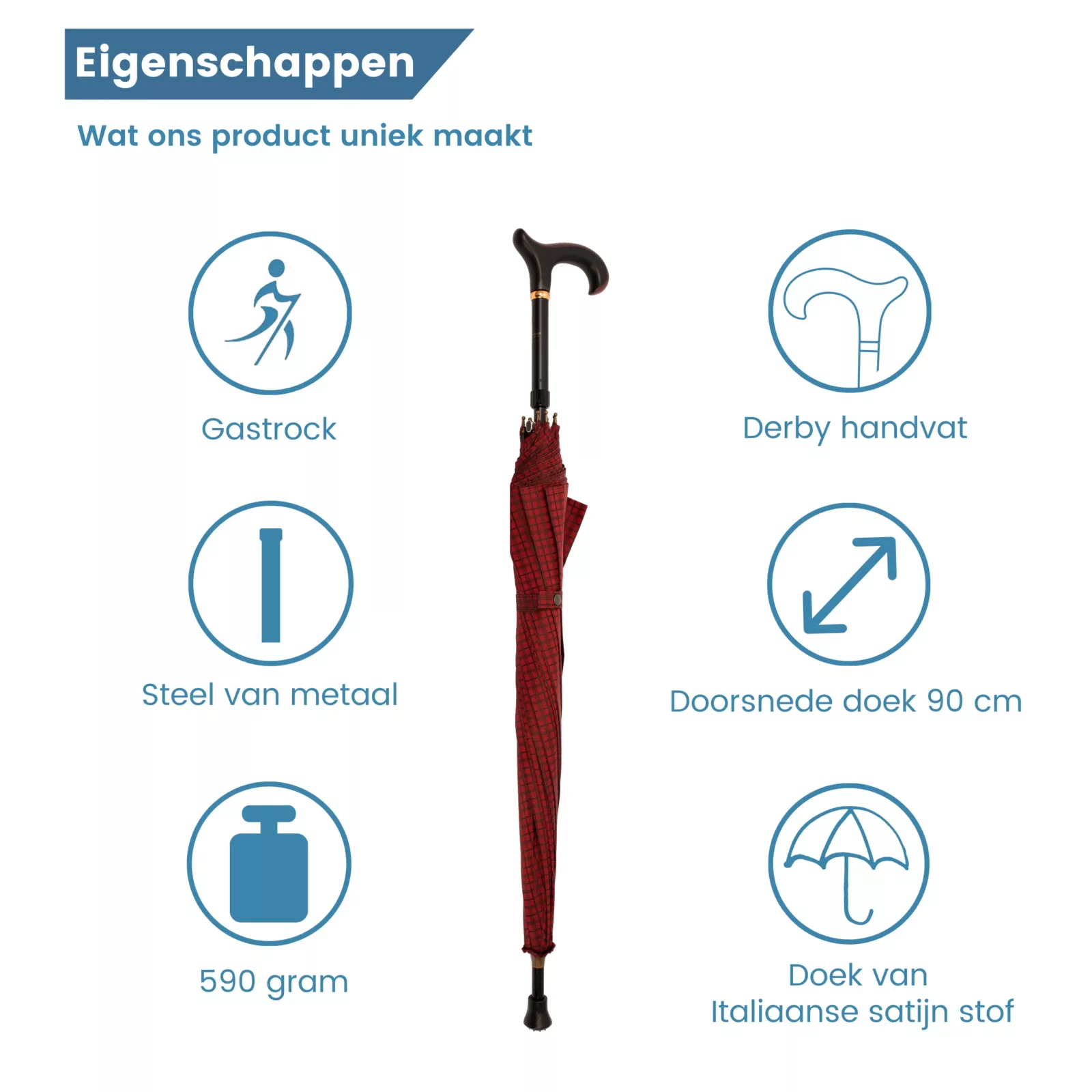 Eigenschaften des Höhenverstellbaren Gehstocks mit Regenschirm: italienischer Satinstoff