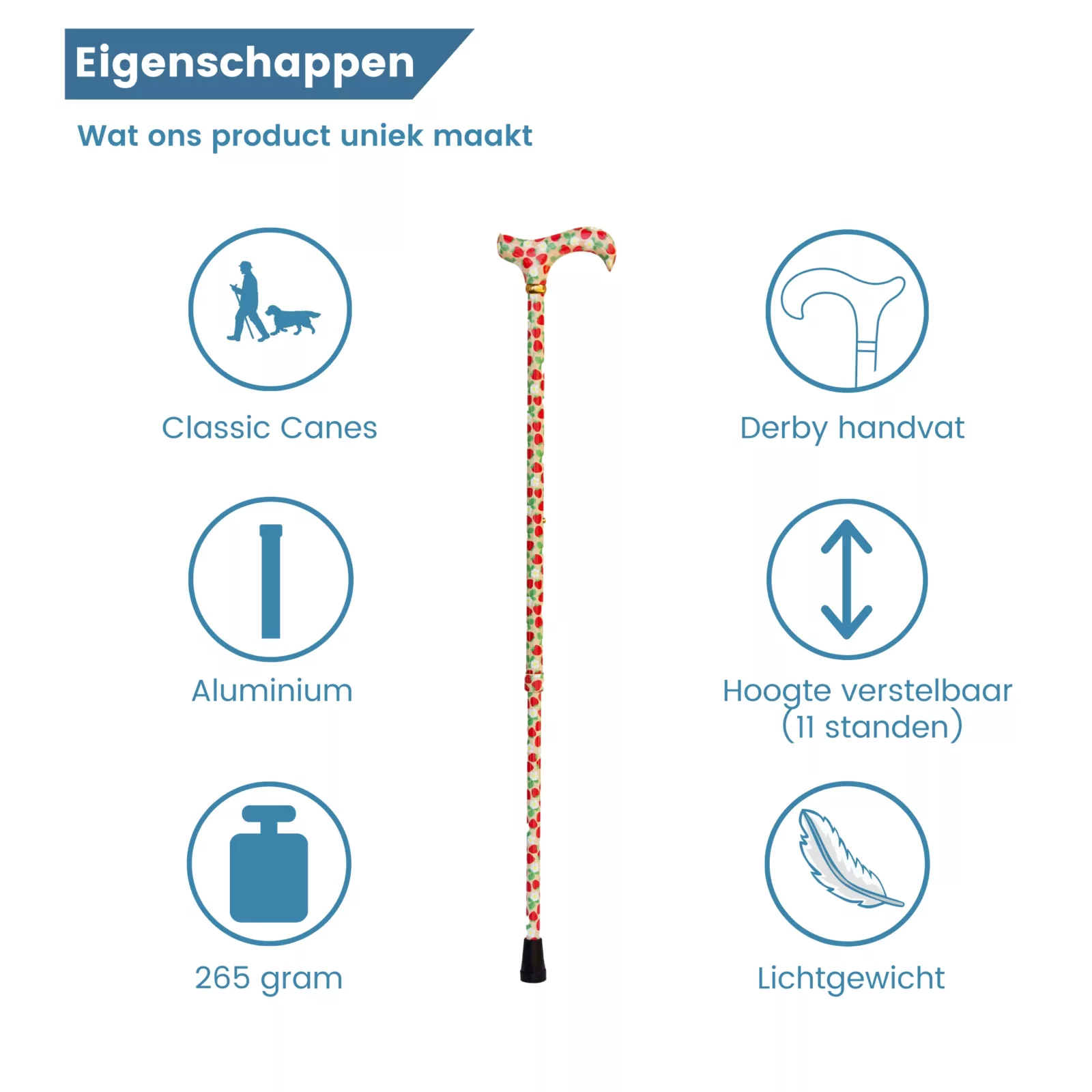 Höhenverstellbarer Gehstock „Erdbeeren“ – Eigenschaften