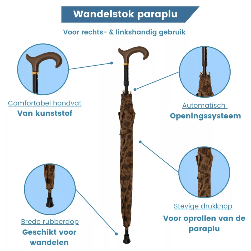 Wanderstock mit Regenschirm und braunem Stoffbezug