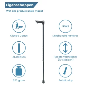 Eigenschaften des für Linkshänder höhenverstellbaren Ergonomischen Gehstocks