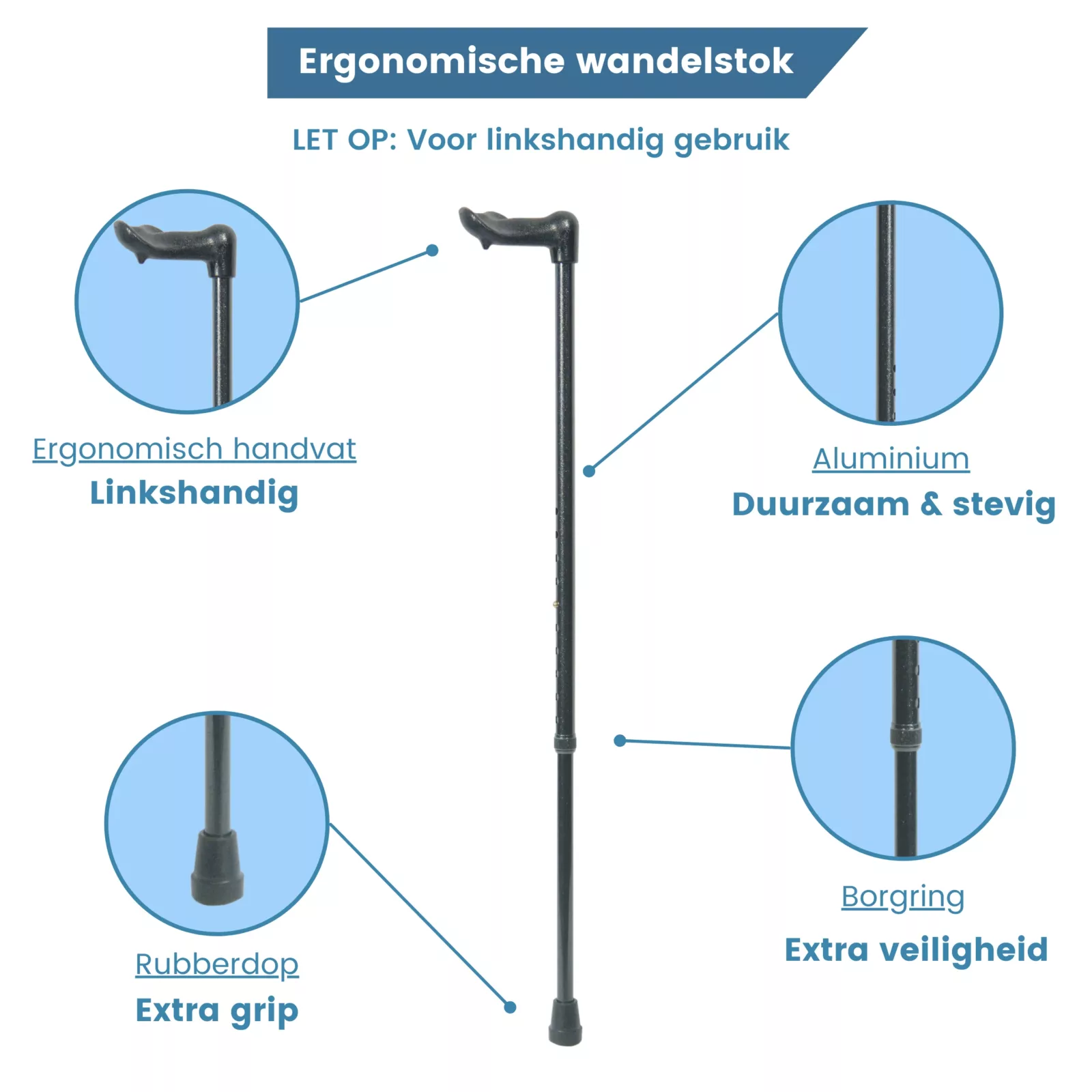 Ergonomischer Gehstock, für Linkshänder, Höhenverstellbar, schwarz, USP
