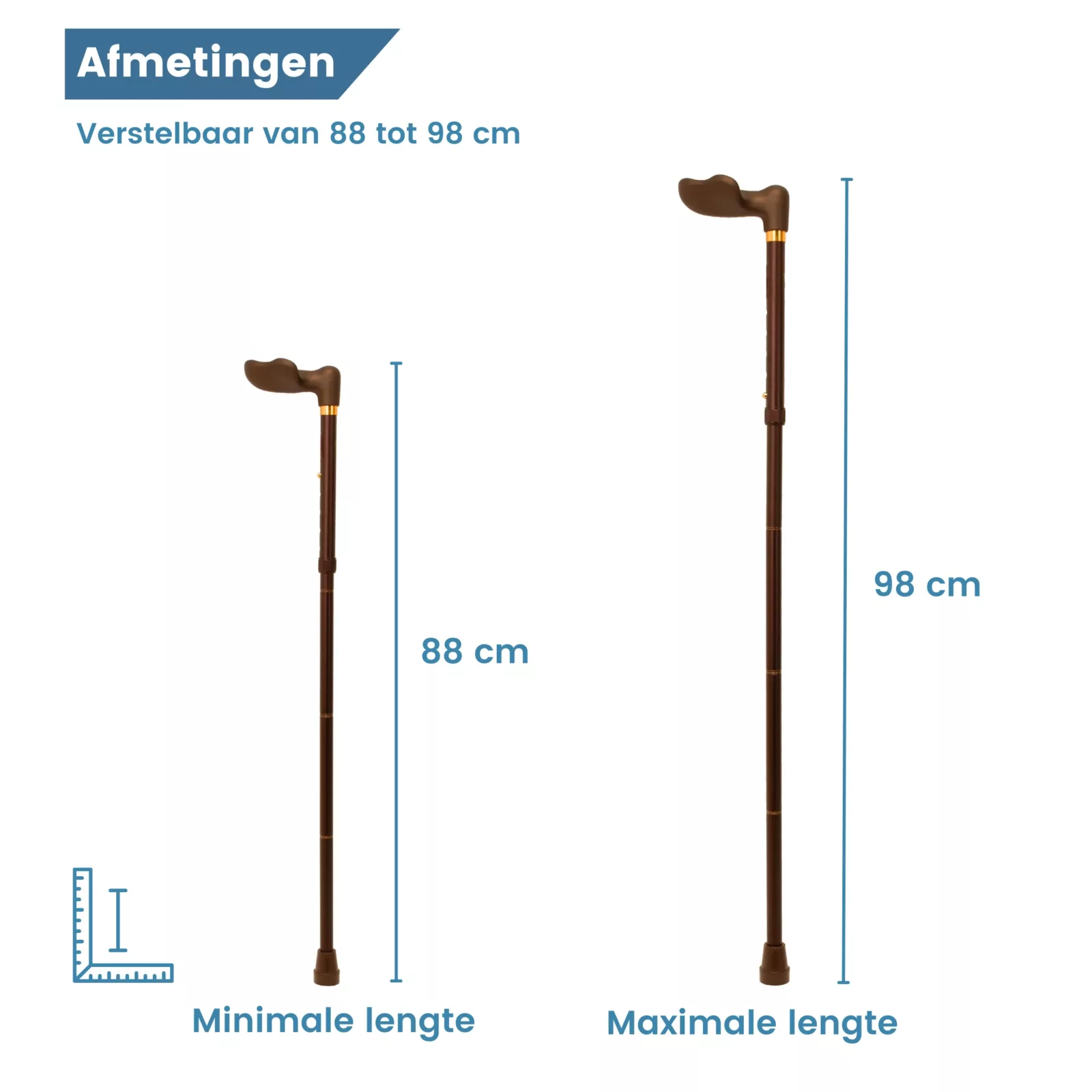 Maße des anatomischen faltbaren Gehstocks mit Griff für Linkshänder