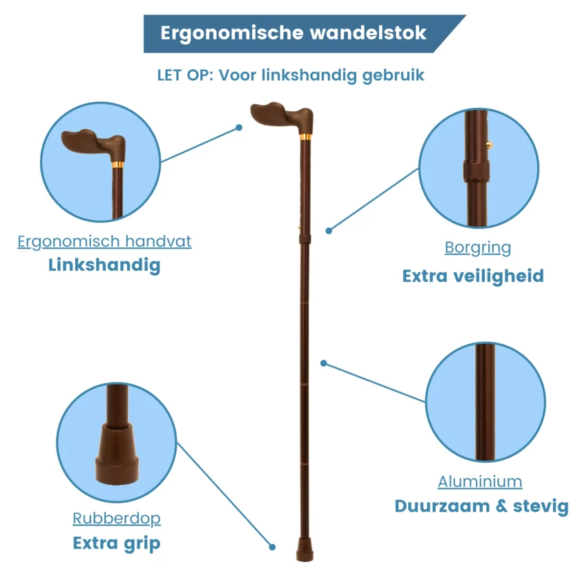 Ergonomischer, faltbarer Gehstock in Bronze mit Soft-Touch-Griff für die linke Hand