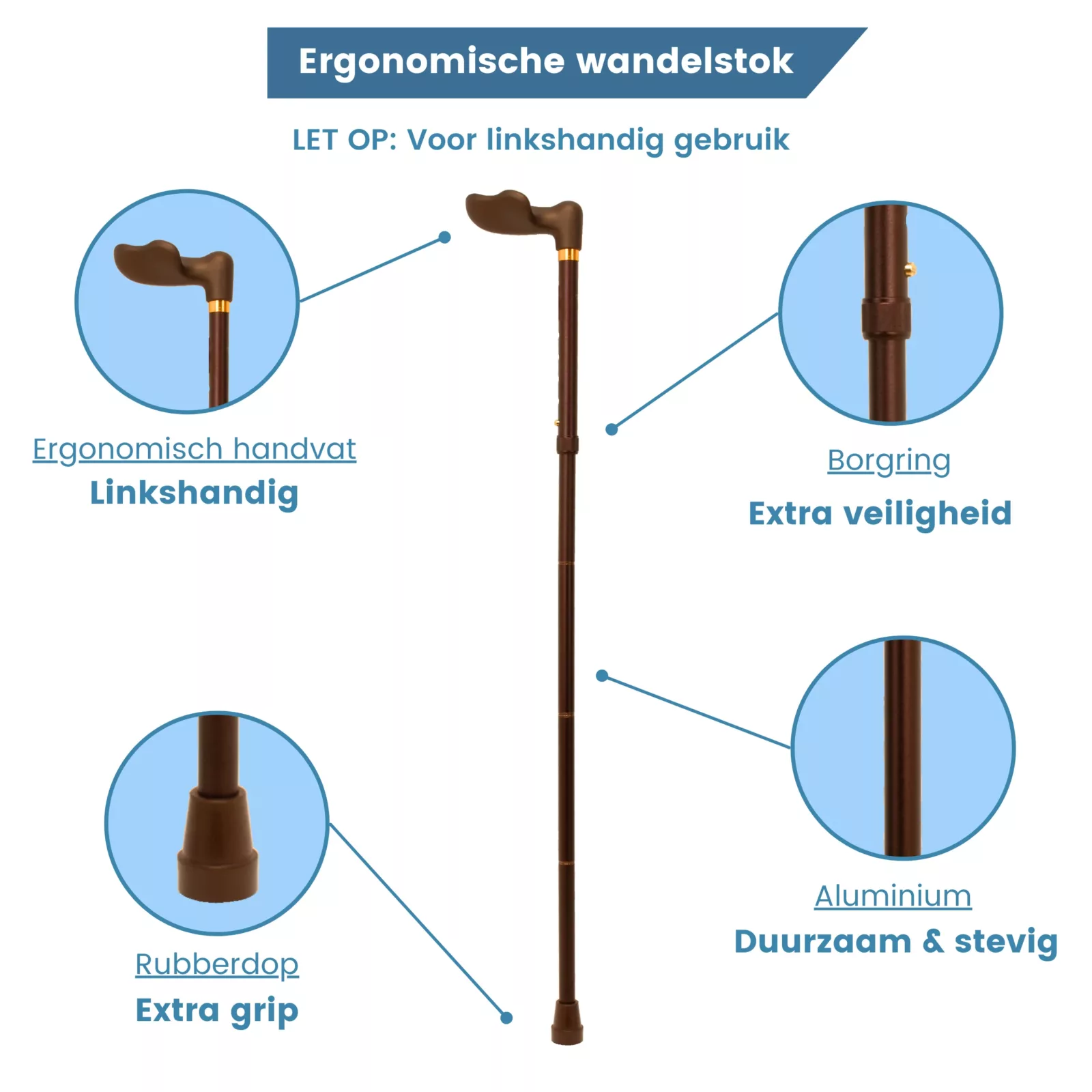 Ergonomischer, faltbarer Gehstock in Bronze mit Soft-Touch-Griff für die linke Hand