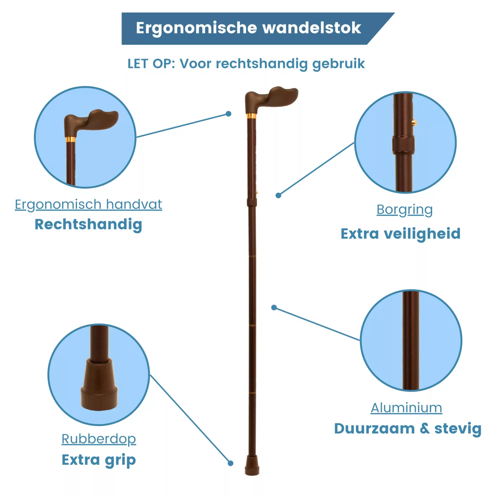 Ergonomischer, faltbarer Gehstock, bronzefarben, Soft-Touch-Griff, rechts