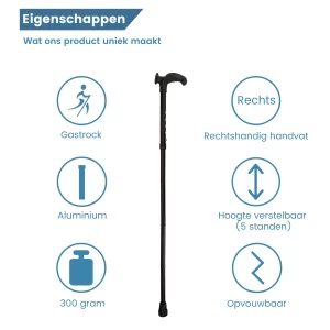 Ergonomischer Gehstock, faltbar, schwarz, Relax-Griff, rechts – Eigenschaften