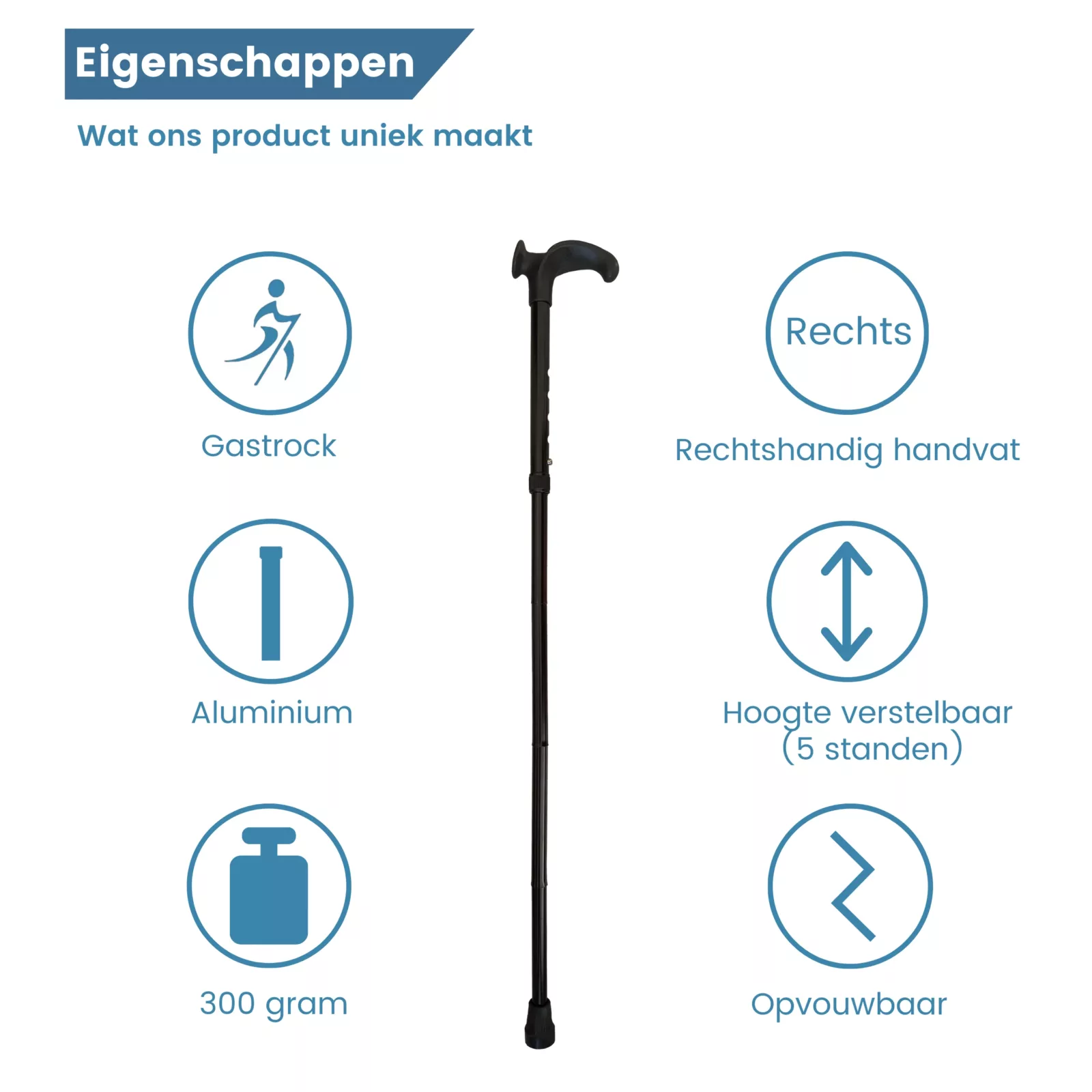 Ergonomischer Gehstock, faltbar, schwarz, Relax-Griff, rechts – Eigenschaften