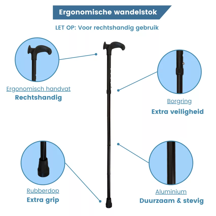 Ergonomischer Gehstock, faltbar, schwarz, Relax-Griff, rechts, USP