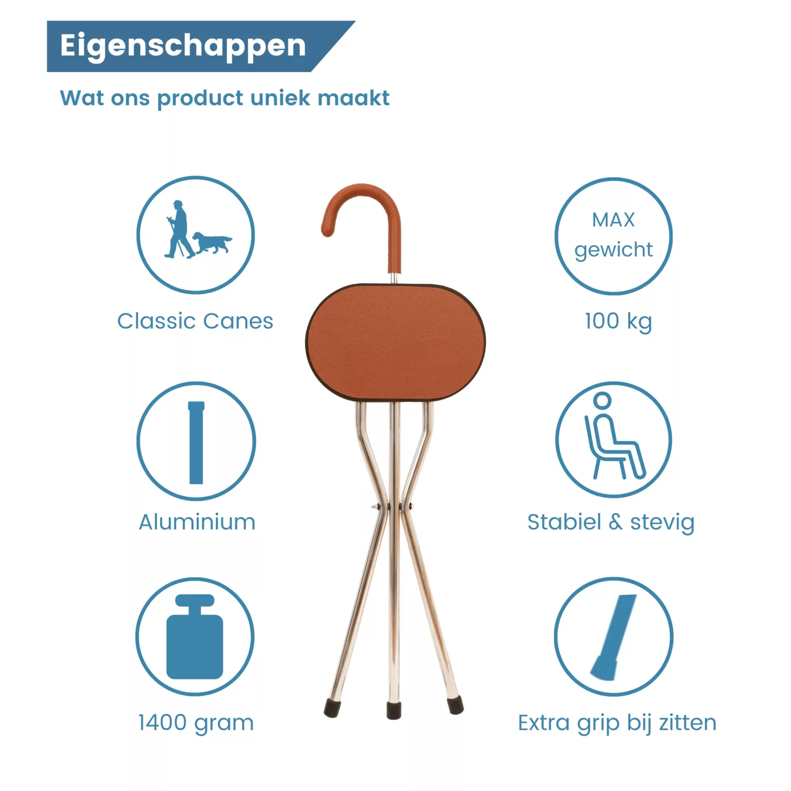 Gehstock mit Sitz, Dreibein, braunes Leder – Eigenschaften