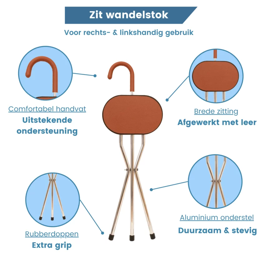 Gehstock mit Sitz, Dreibein, braunes Leder, USP