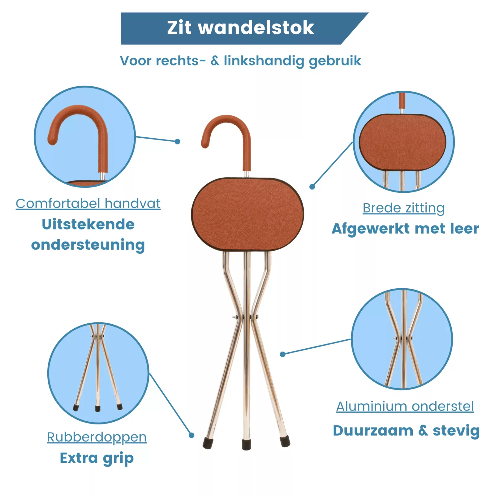 Gehstock mit Sitz, Dreibein, braunes Leder, USP