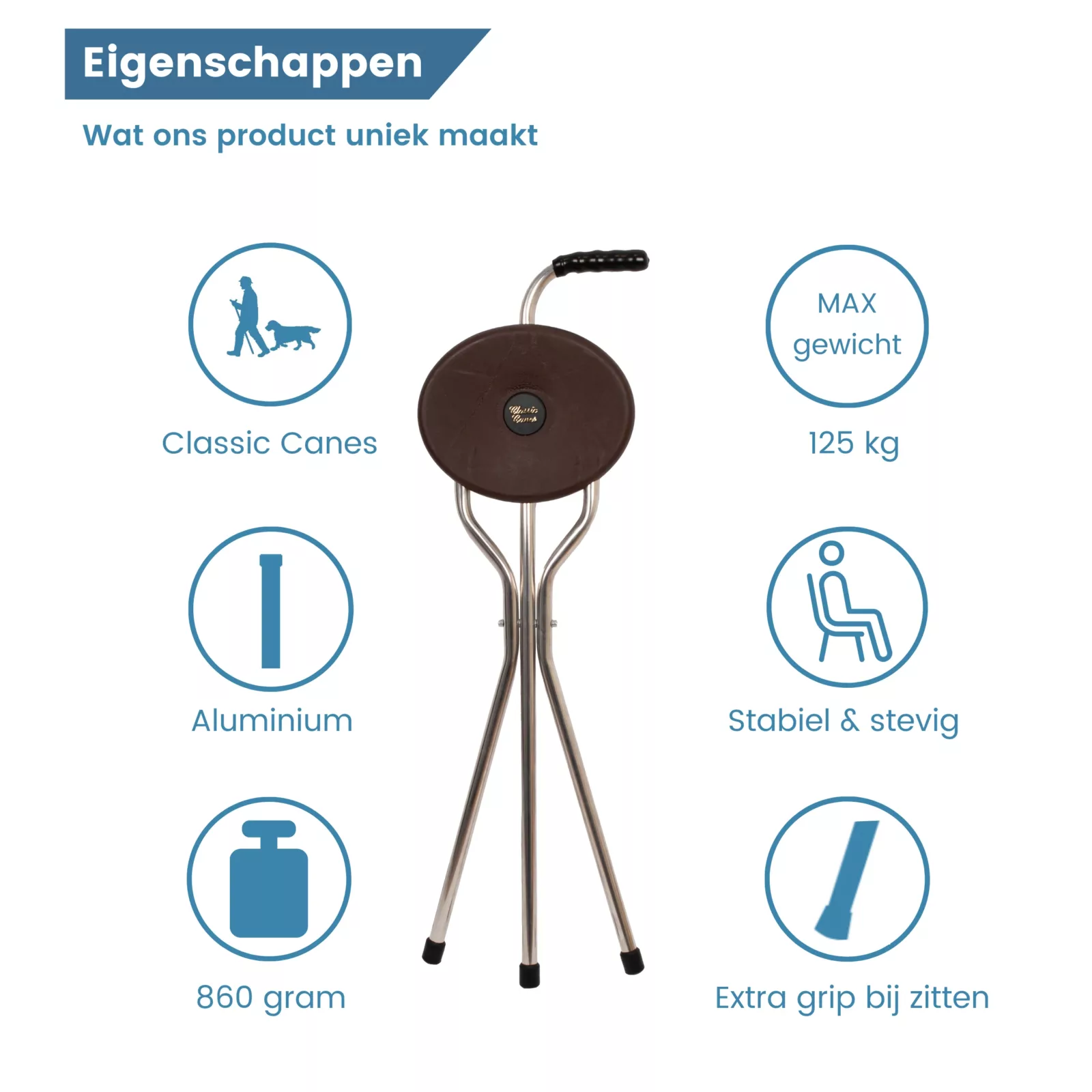 Eigenschaften des Wanderstocks mit Sitz, Dreibein Gehstock „Trio Maxi“, braun