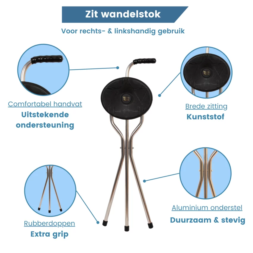 Eigenschaften des Wanderstocks mit Sitz in Schwarz