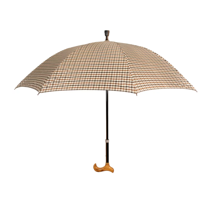 Höhenverstellbarer Gehstock mit Regenschirm in Beige, aufgeklappt