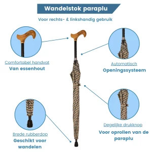 Wanderstock mit Regenschirm, verstellbar, beige, mit Karomuster und USP