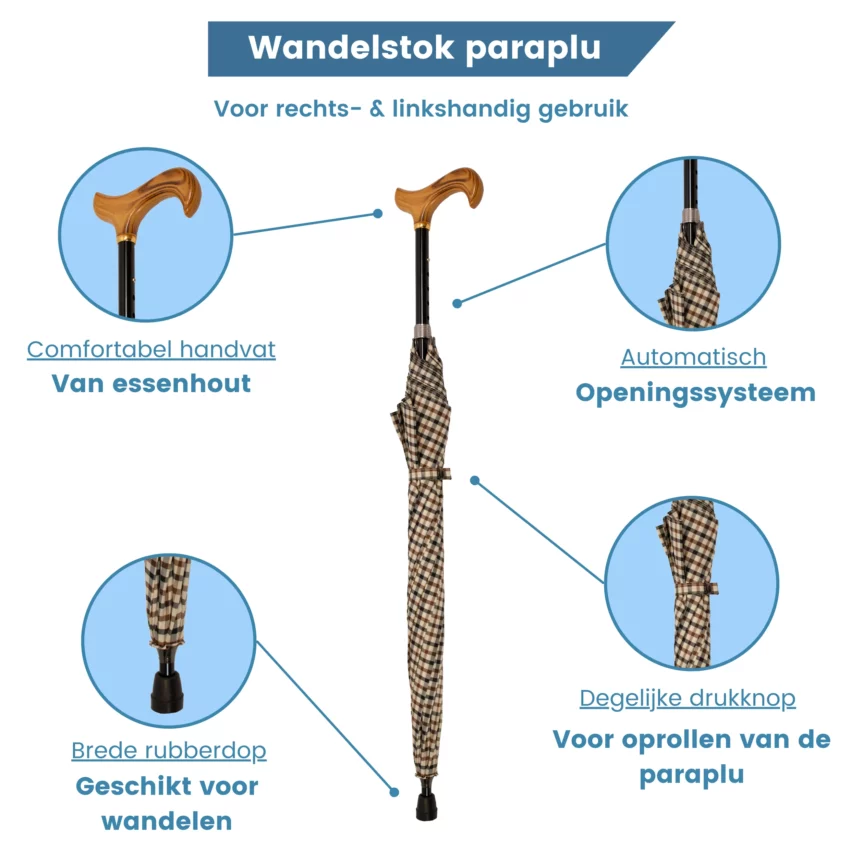 Wanderstock mit Regenschirm, verstellbar, beige, mit Karomuster und USP