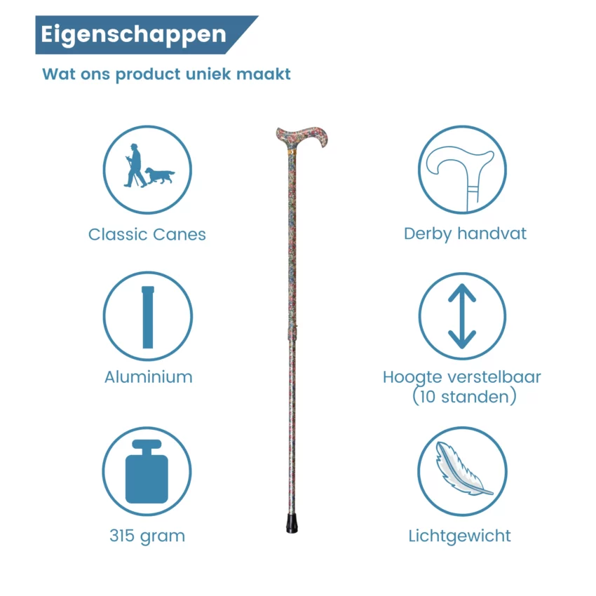 Ausziehbarer Gehstock mit Blumen, weiß