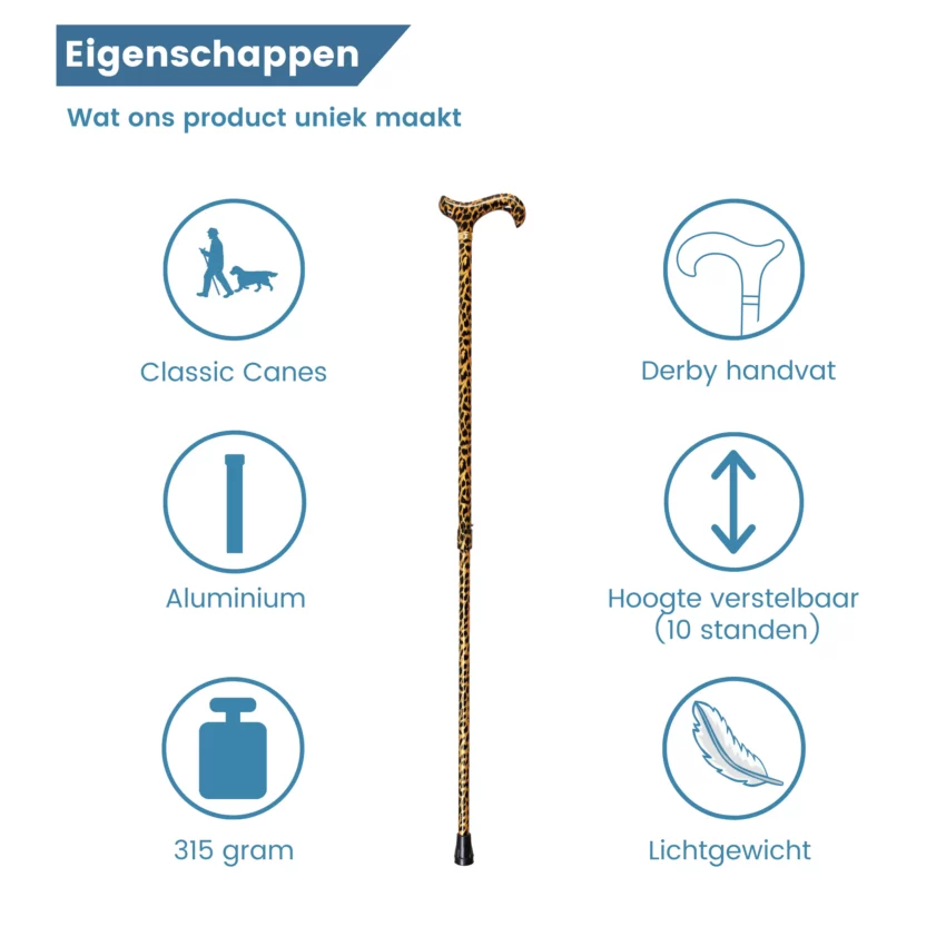 Höhenverstellbarer Gehstock „Goldener Leopard“ – Eigenschaften