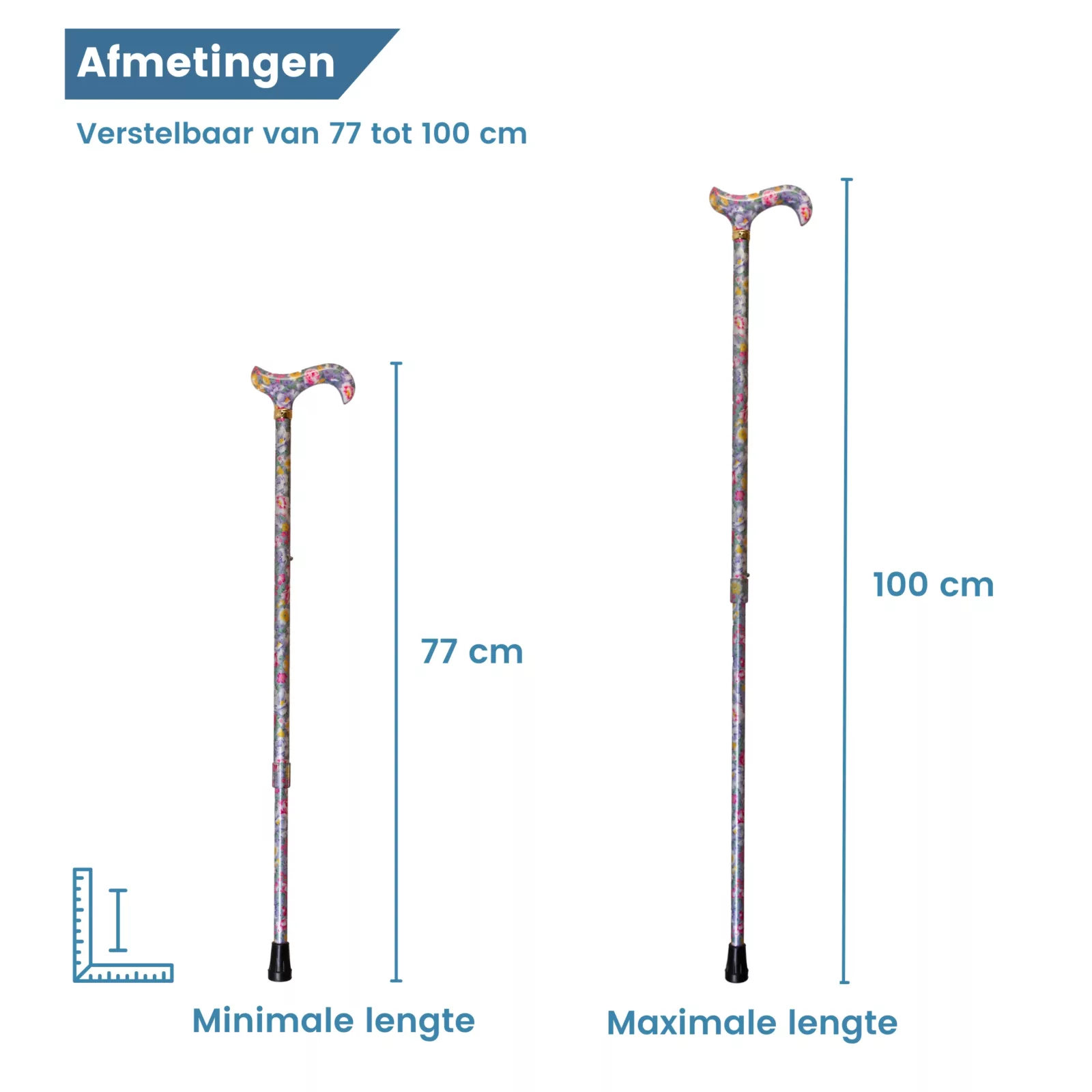 Maße des ausziehbaren Gehstocks in Lavendel