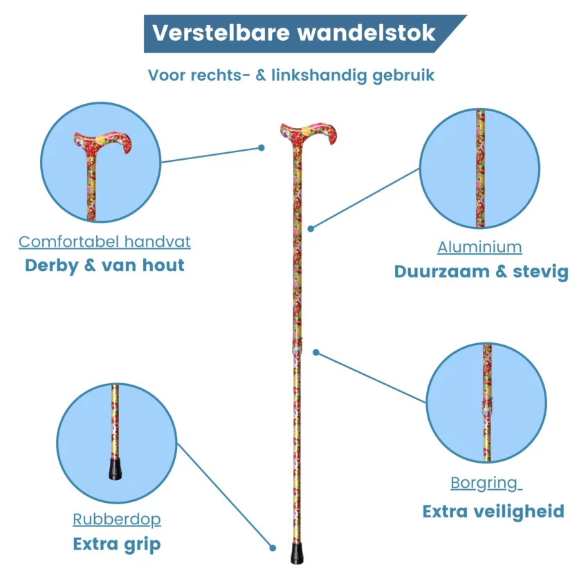 verstellbarer Wanderstock USP mit roten Blumen