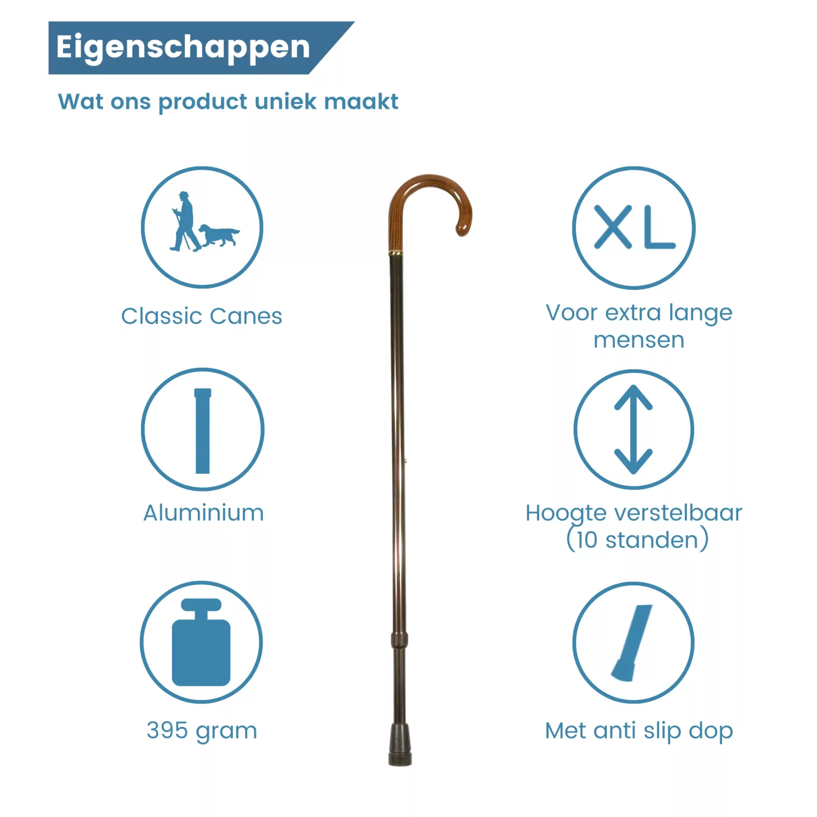 Höhenverstellbarer Gehstock, Größe XL – Eigenschaften