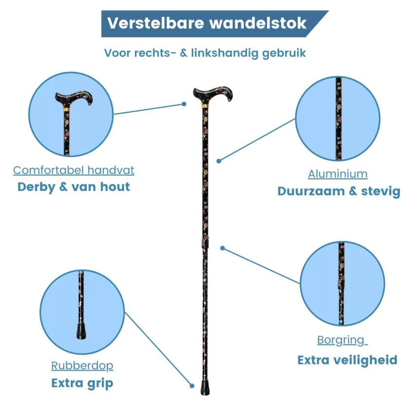 Verstellbarer Wanderstock, schwarz mit Blumen – Eigenschaften