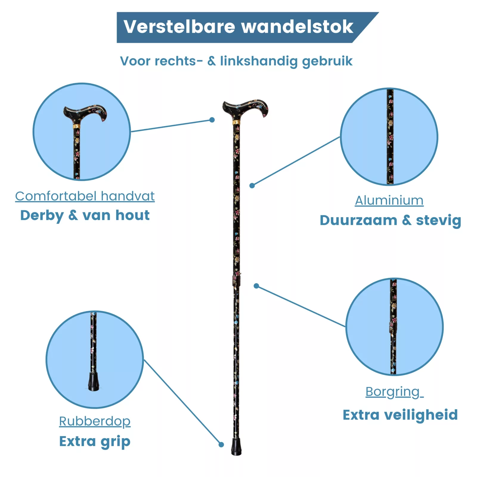 Verstellbarer Wanderstock, schwarz mit Blumen – Eigenschaften