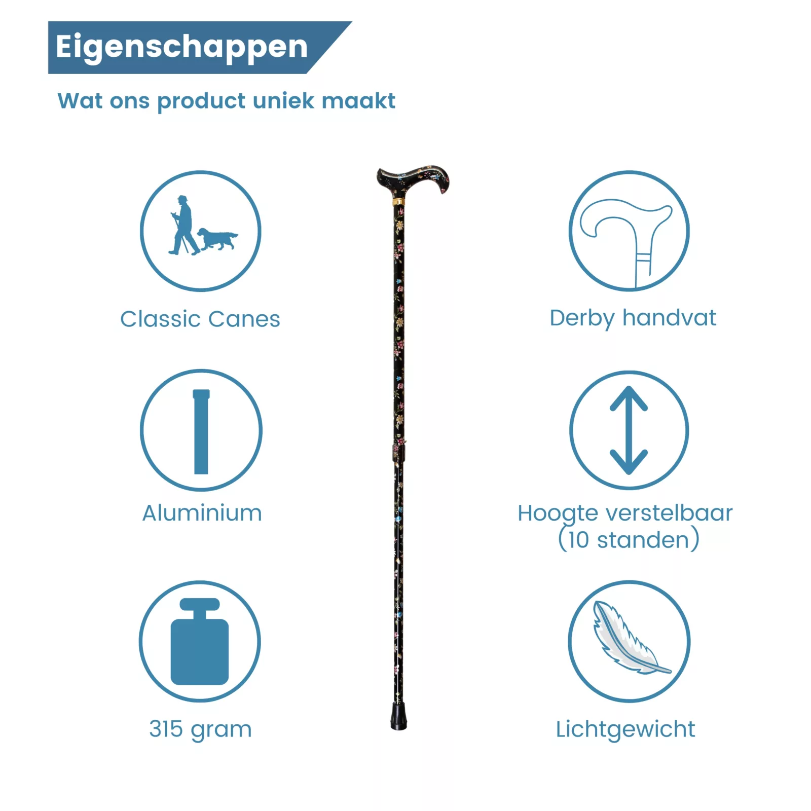 verstellbarer Wanderstock, schwarz mit Blumenmuster