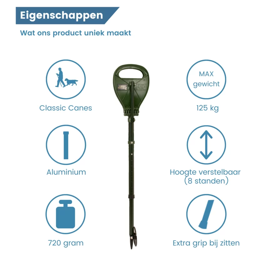 Eigenschaften des Supaseat-Wanderstocks in Grün